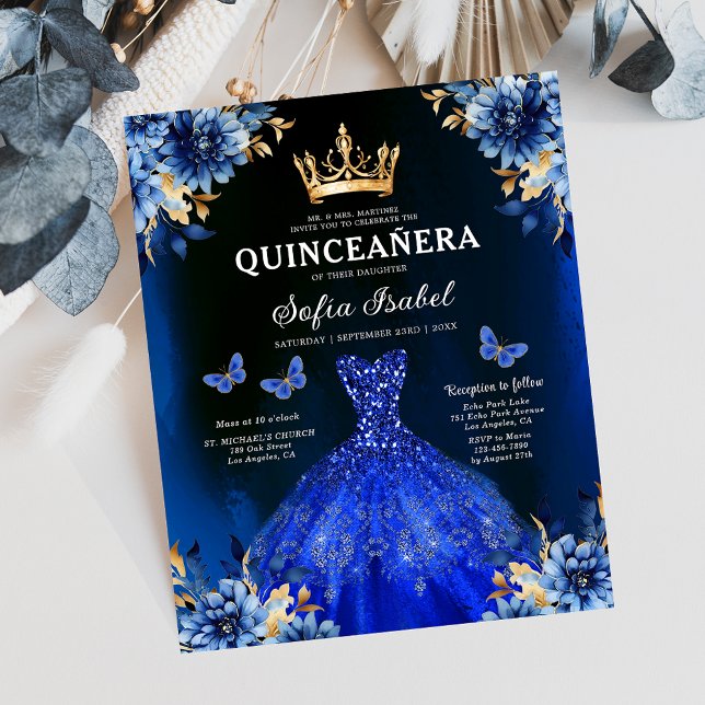 Budget Royal Blue Bilingual Spanish Quinceanera Flyer (Creator Uploaded)