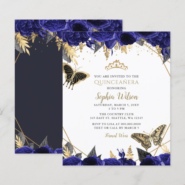 Budget Royal Blue Butterfly Quinceañera invitation (Front/Back)