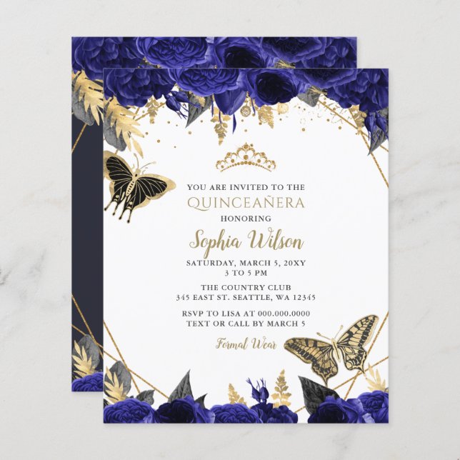 Budget Royal Blue Butterfly Quinceañera invitation (Front/Back)