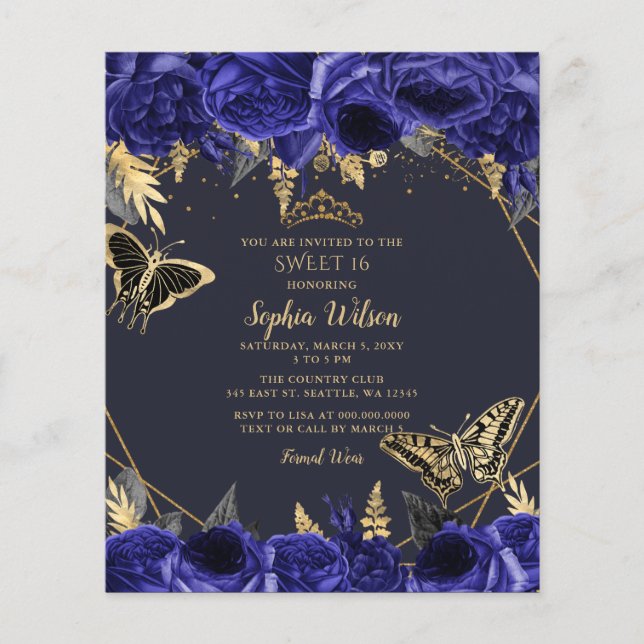 Budget Royal Blue Butterfly Sweet 16 Invitation (Front)
