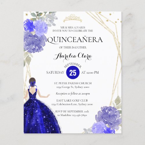  Budget Royal Blue Floral Geometric Quinceaera
