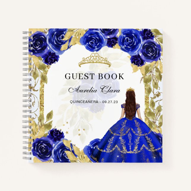 Budget Royal Blue Floral Quinceañera Guest Book (Front)
