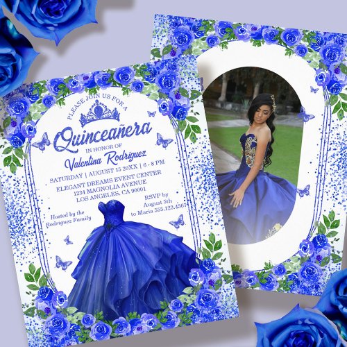Budget Royal Blue Floral Quinceanera Invitation Flyer