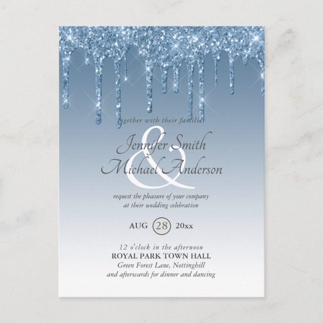 Budget Royal Blue Glitter Dripping WEDDING INVITE (Front)