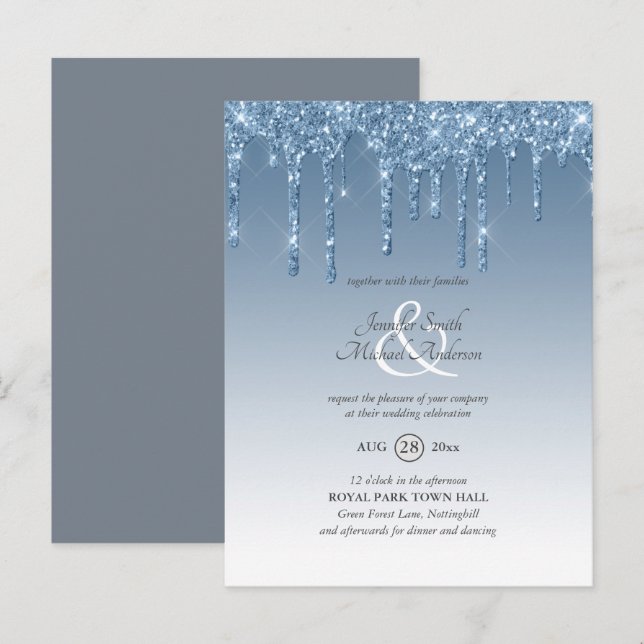 Budget Royal Blue Glitter Dripping WEDDING INVITE (Front/Back)