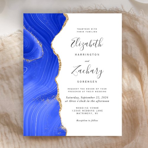 Budget Royal Blue Gold Agate Wedding Invitation