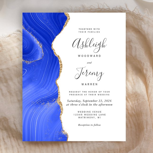 Budget Royal Blue Gold Agate Wedding Invitation (Creator Uploaded)