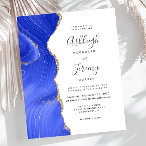 Budget Royal Blue Gold Agate Wedding Invitation