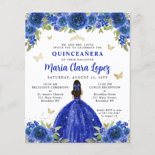 Budget Royal Blue Gold Floral Princess Quinceanera