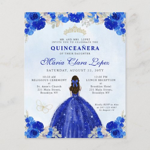 Budget Royal Blue Gold Floral Princess Quinceaera