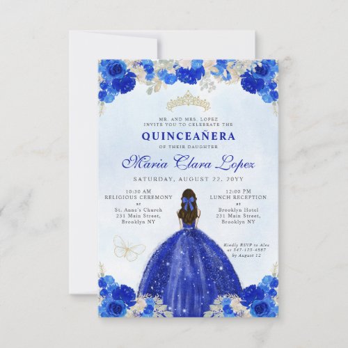 Budget Royal Blue Gold Floral Princess Quinceaera Note Card