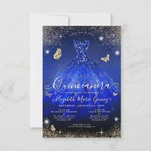 Budget Royal Blue Gold Glitter Gown Quinceanera Note Card