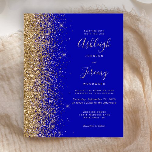 Budget Royal Blue Gold Glitter Wedding Invite