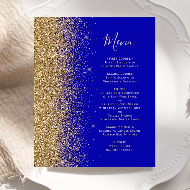 Budget Royal Blue Gold Glitter Wedding Menu (Creator Uploaded)