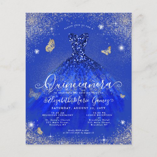 Budget Royal Blue Gold Gown Quinceanera Invite