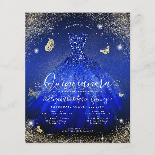 Budget Royal Blue Gold Gown Quinceanera Invite