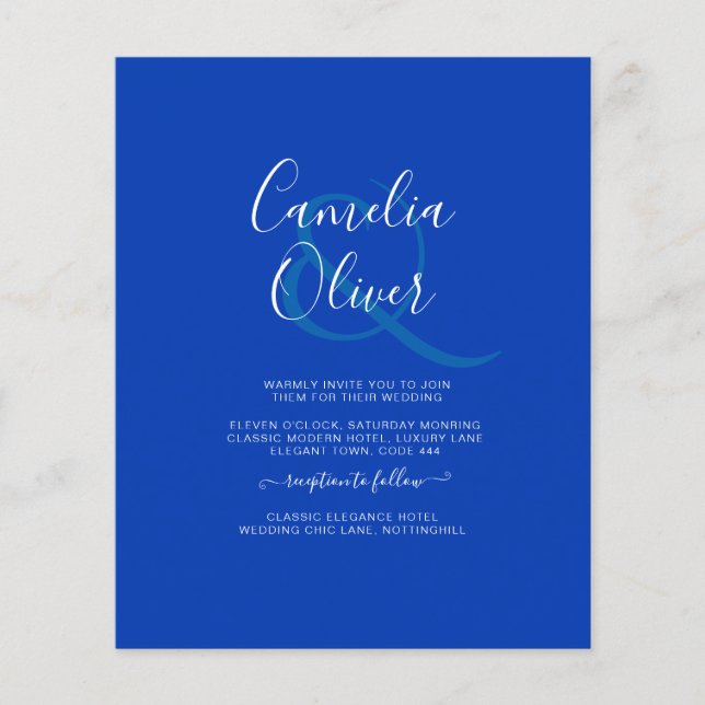 Budget Royal Blue Monochrome Wedding INVITE Flyer (Front)