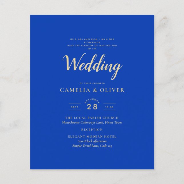 Budget Royal Blue Monochrome Wedding INVITE Flyer (Front)