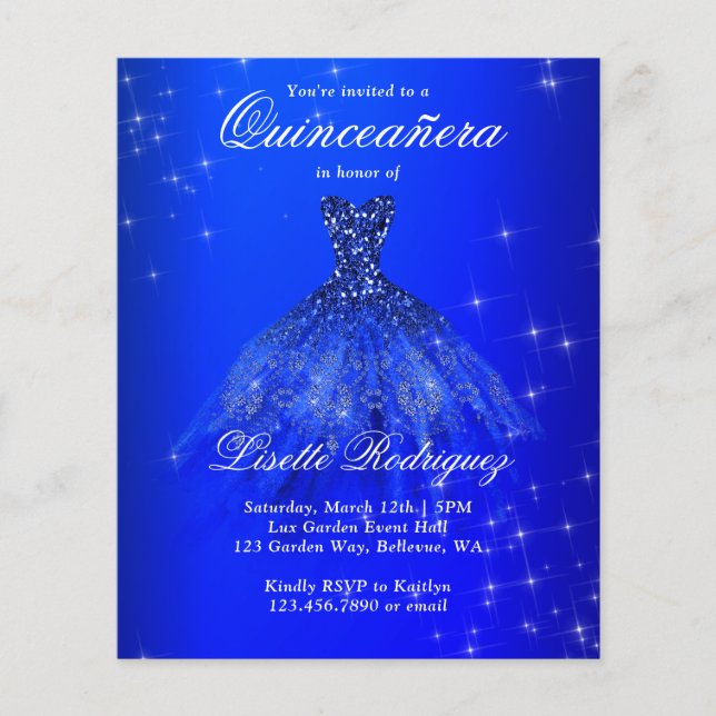 Budget Royal Blue Quinceanera Invitation (Front)