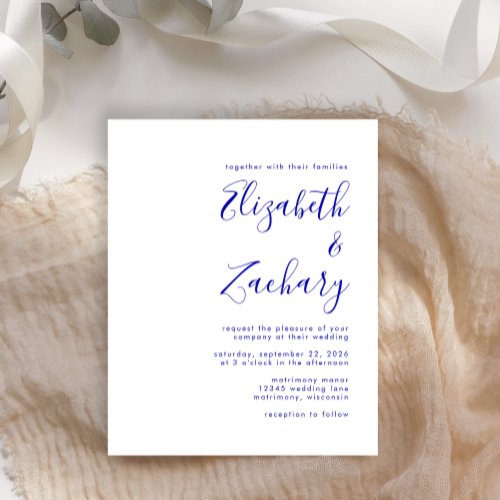 Budget Royal Blue Script Wedding Invitation