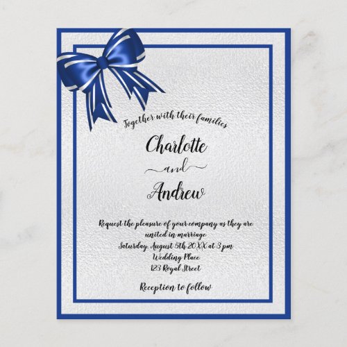 Budget royal blue silver bow wedding invitation
