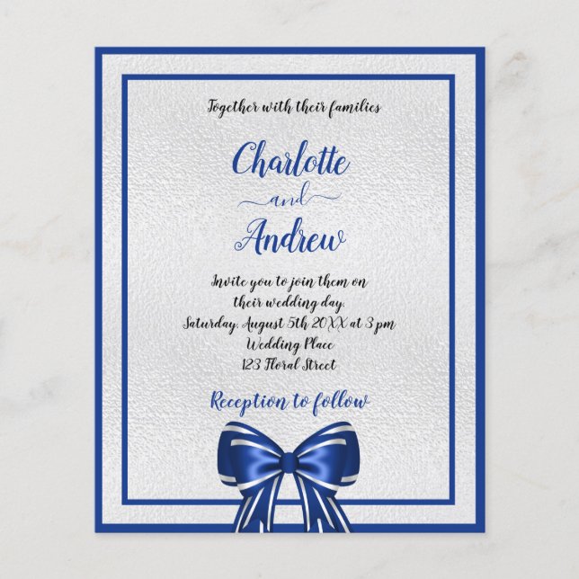 Budget royal blue silver bow wedding invitation (Front)