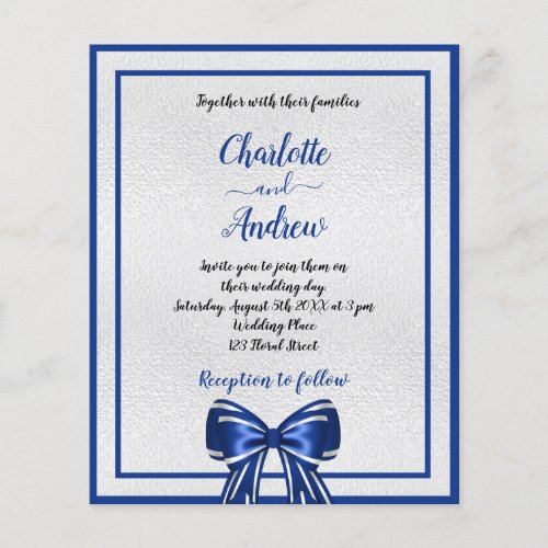 Budget royal blue silver bow wedding invitation