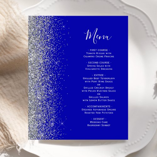 Budget Royal Blue Silver Glitter Edge Wedding Menu