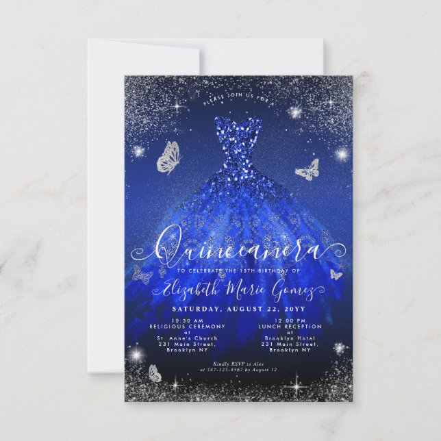 Budget Royal Blue Silver Glitter Gown Quinceanera Note Card (Front)