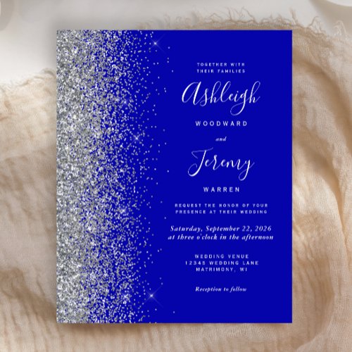 Budget Royal Blue Silver Glitter Wedding Invite