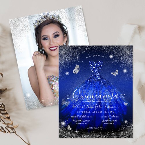 Budget Royal Blue Silver Gown Photo Quince Invite