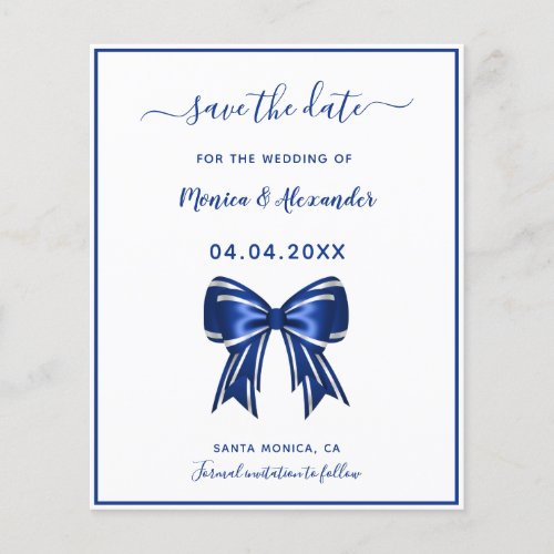 Budget royal blue white bow wedding Save the Date