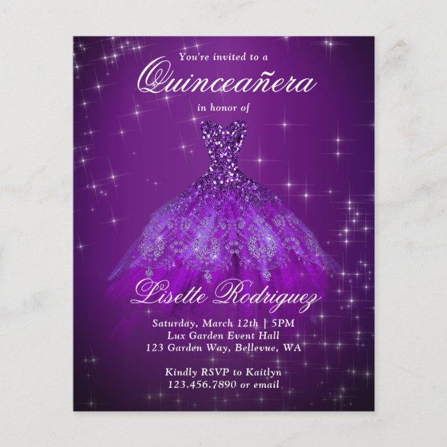 Budget Royal Purple Quinceanera Invitation (Front)