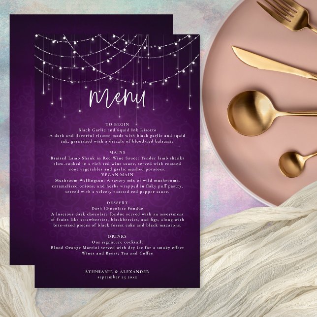 Budget Royal Purple String Lights Wedding Menu (Front and back of menu)