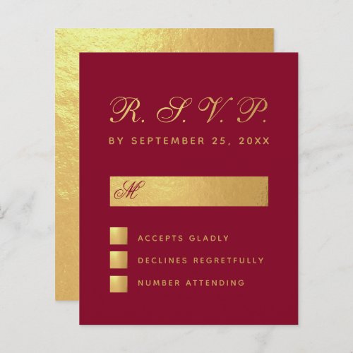 Budget RSVP Burgundy Faux Gold Script Wedding Card