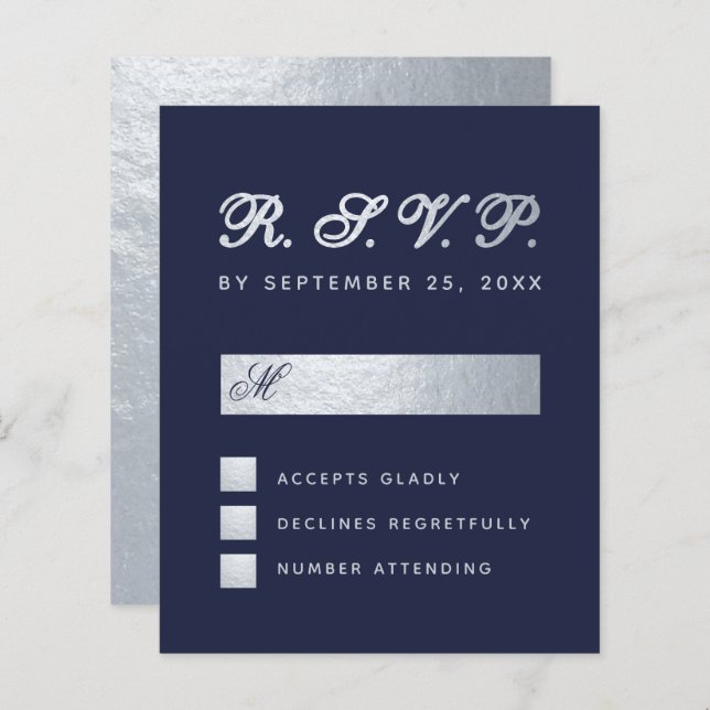 Budget RSVP Navy Blue Silver Script Wedding Card (Front/Back)