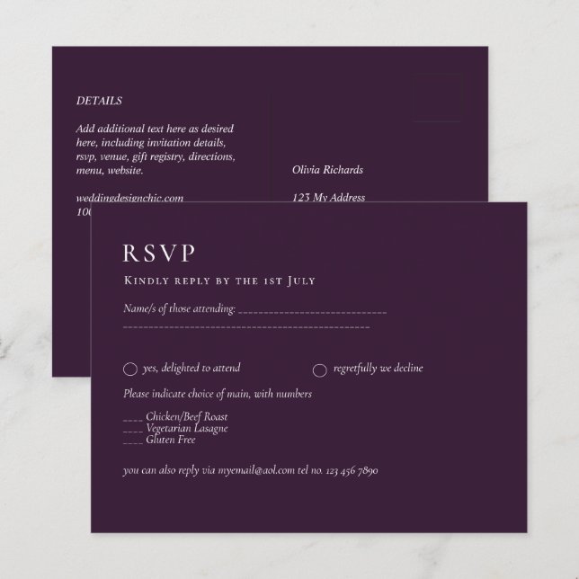 BUDGET RSVP Plum Purple Monochrome Modern Wedding Postcard (Front/Back)