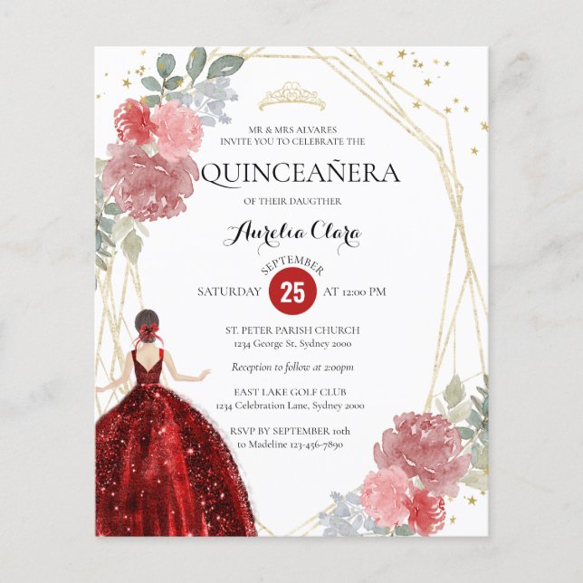 Budget Ruby Red Floral Geometric Quinceañera (Front)
