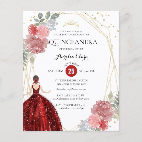 Budget Ruby Red Floral Geometric Quinceaera