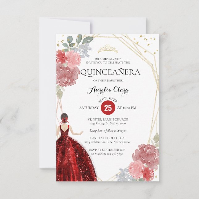 Budget Ruby Red Floral Geometric Quinceañera Note Card (Front)