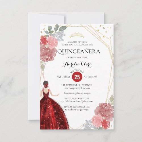 Budget Ruby Red Floral Geometric Quinceaera Note Card