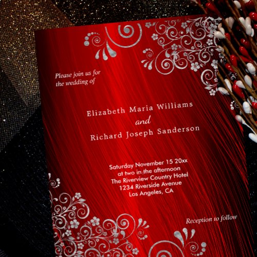 Budget Ruby Red Gray Swirls Wedding Invitation