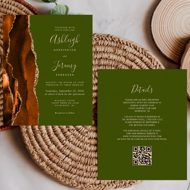 Budget Rust Agate Olive QR Code Wedding Invite (Creator Uploaded)