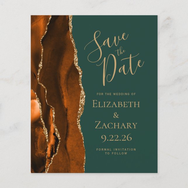 Budget Rust Gold Agate Emerald Green Save the Date (Front)