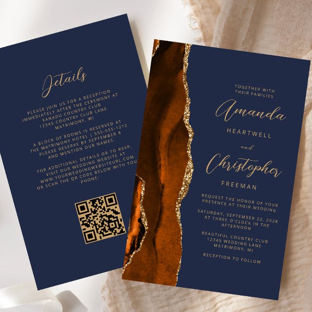 Budget Rust Gold Agate Navy QR Code Wedding (Creator Uploaded)