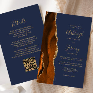Budget Rust Gold Navy Blue QR Code Wedding Invite