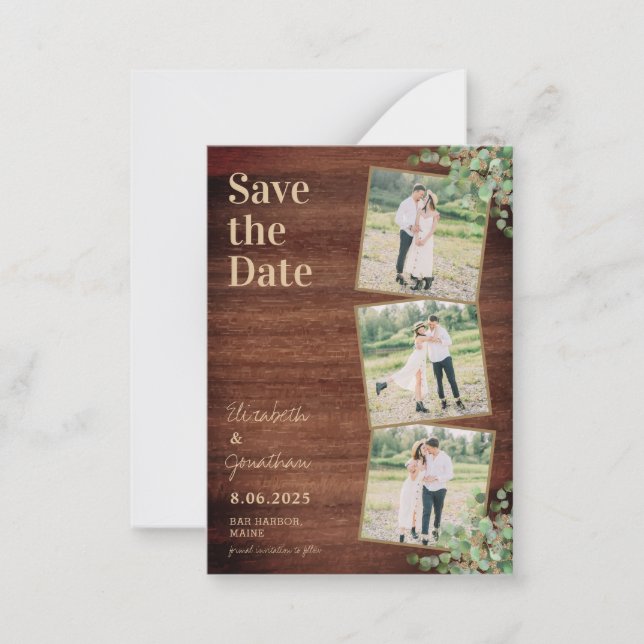 Budget Rustic 3 Photo Wedding Save The Date Note Card (Front)
