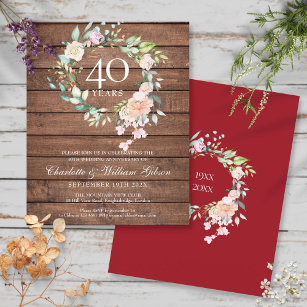 Budget Rustic 40th Anniversary Ruby Floral Invite