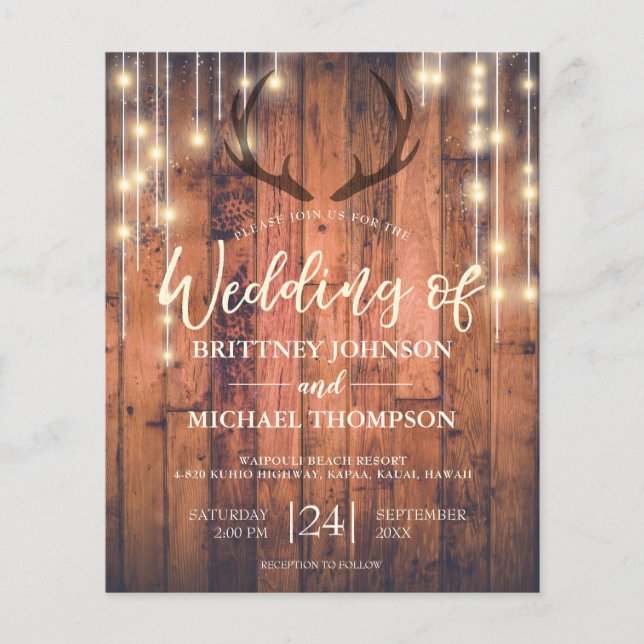 Budget Rustic Antler String Lights Wedding Invite (Front)