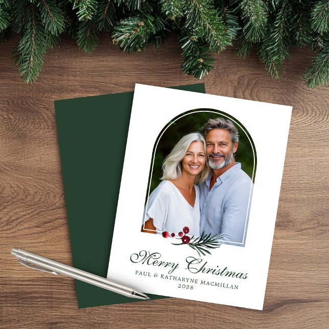 Budget Rustic Arch Botanical Holiday Photo (Budget Rustic Arch Dark Green Botanical Holiday Photo Christmas Card)